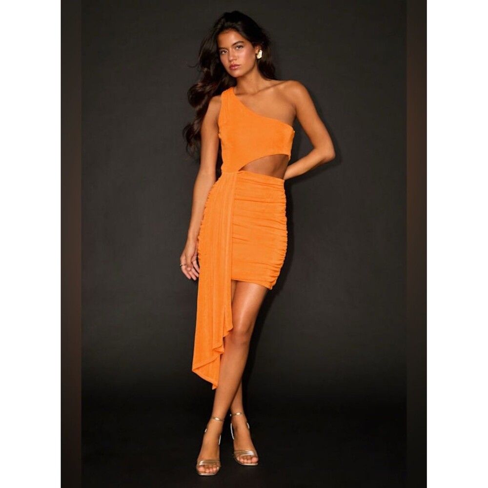 Lulus Neila Orange One-Shoulder Cutout Sash Mini Dress Size Medium Party Sexy